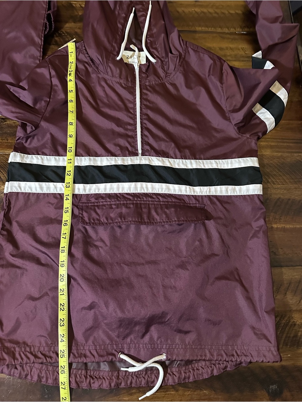 Zine Rain Jacket Windbreaker Burgundy Stripe Pullover Hooded Medium - Picture 6 of 9